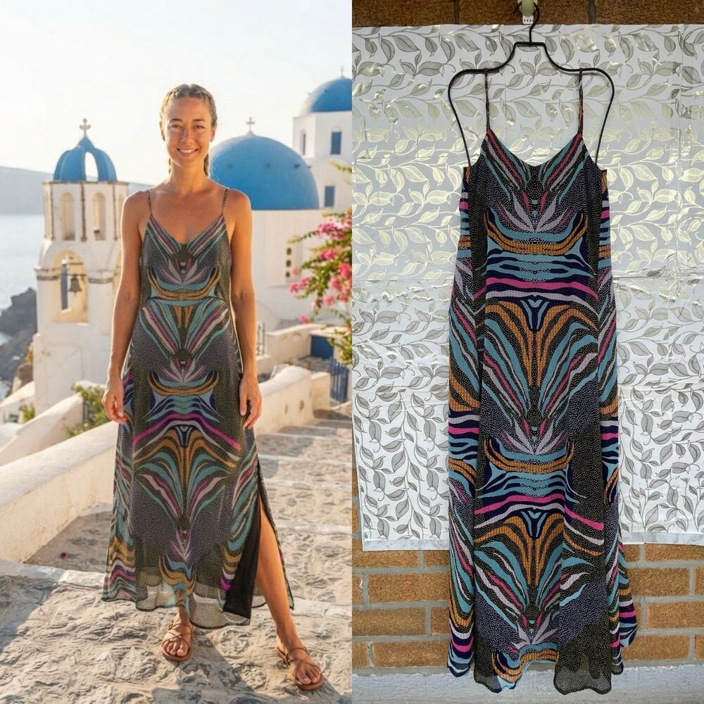 Mara Hoffman S Chiffon Maxi Dress Boho Whimsigoth Abstract Print Adjustable